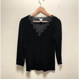 Vintage Neiman Marcus Women Top XS Black Velvet Lace Trim Stretch Whimsigoth 90s